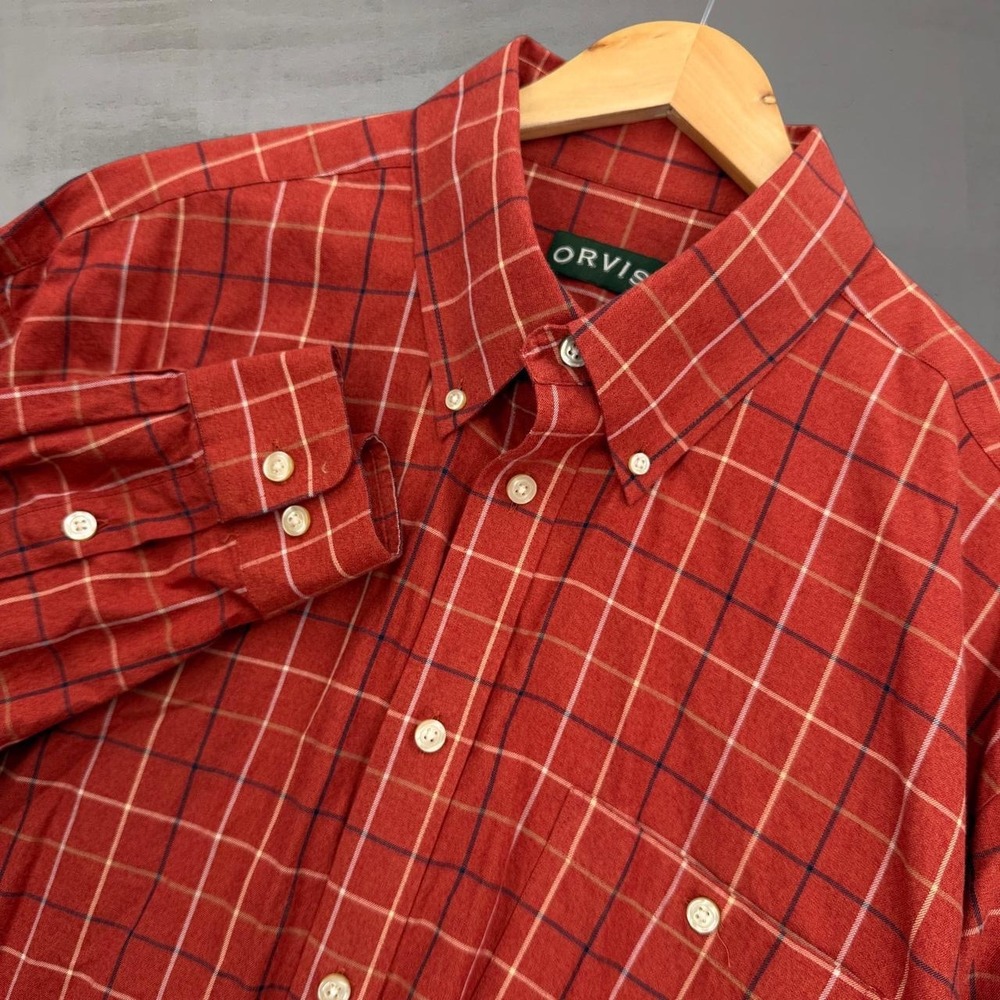 Orvis Button Down‎ Shirt Red Orange Plaid Long Sleeve Cotton Collared XXL